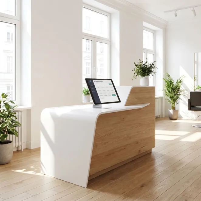 The modern automated salon front desk operates efficiently without manual oversight.