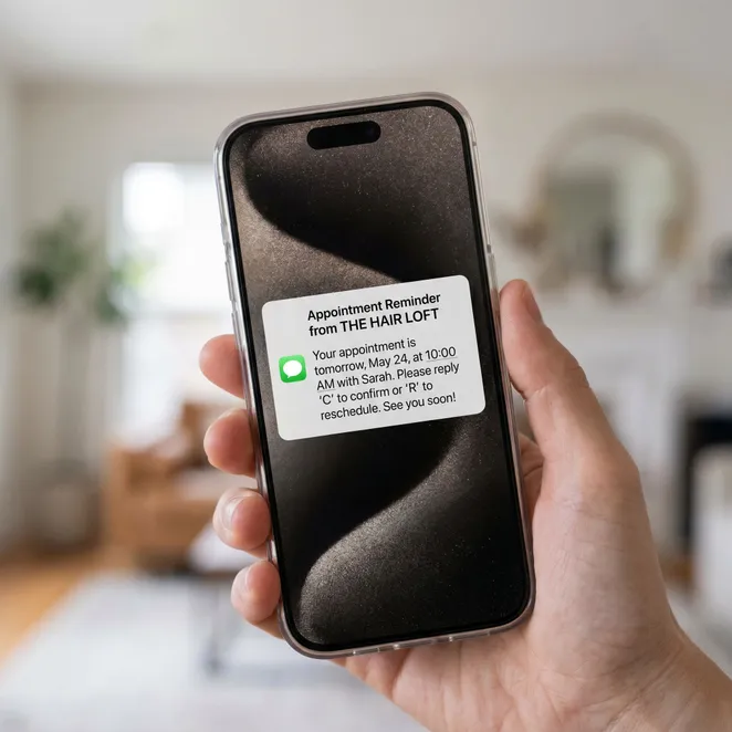 A clean, professional SMS reminder helps clients remember their time slots.
