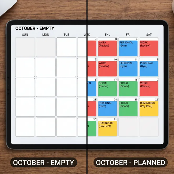 Visualizing the transition from a gapped calendar to a fully optimized schedule.