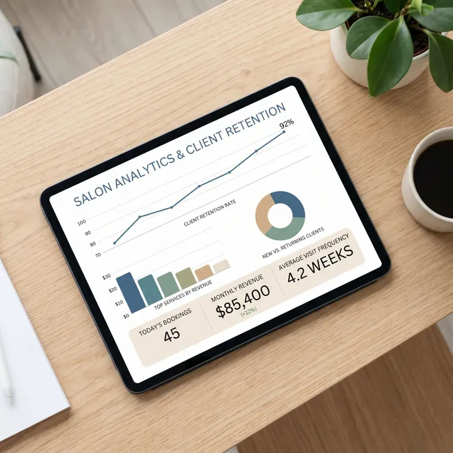 Visualizing client retention and marketing performance in a modern salon suite.