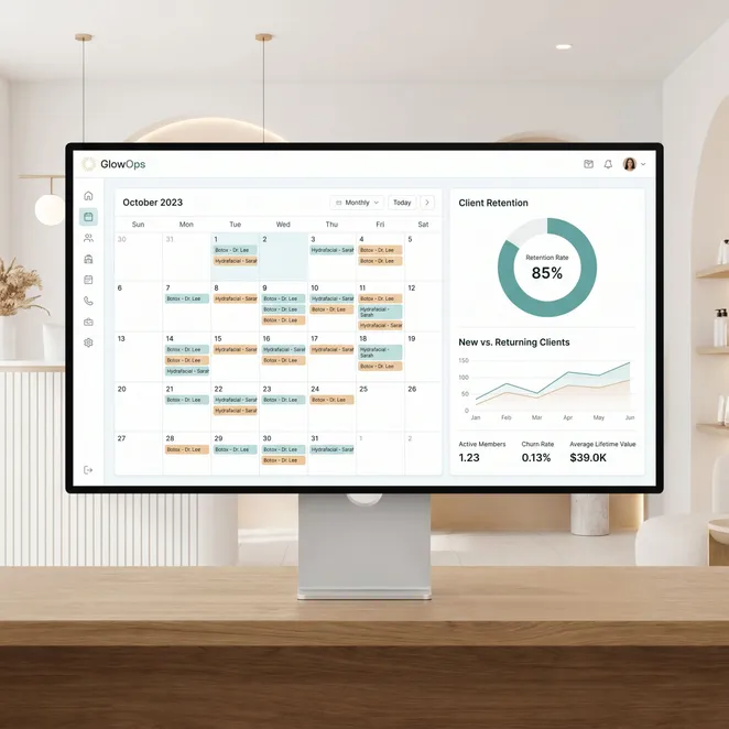 A modern aesthetic clinic dashboard prioritizing retention data.