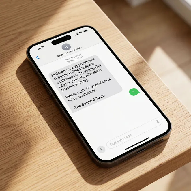 A clear, professional confirmation SMS reduces no-shows significantly.